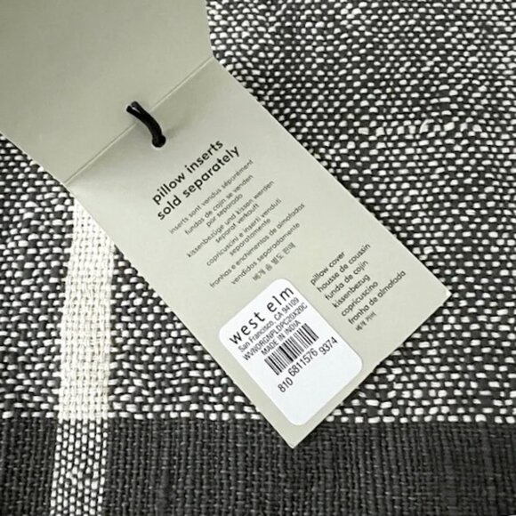West Elm Woven Origin Plaid Check Pillow Cover Charcoal/Ivory NWT 20" x 20" - Picture 3 of 5